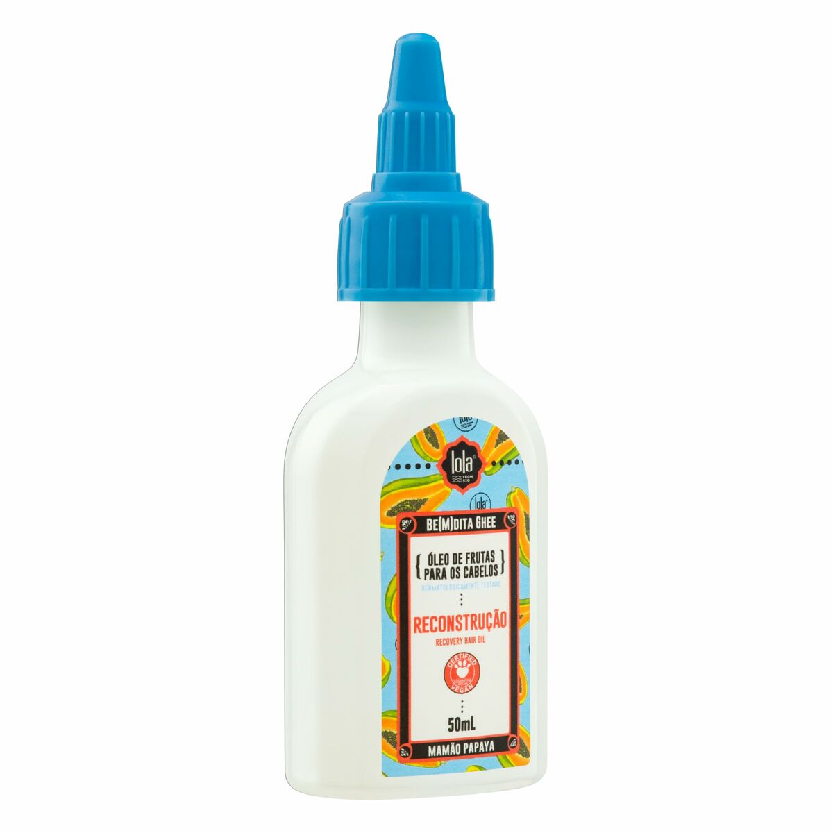 Flacon d'huile de reconstruction Lola Cosmetics 50ml avec étiquette colorée, idéal pour cheveux et cheveux abîmés.