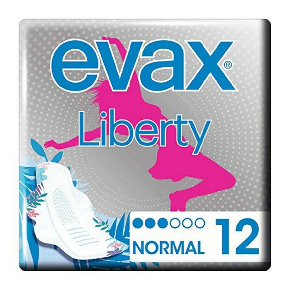 Élégant emballage des compresses Normales avec Ailes LIBERTY Evax, contenant 12 unités, conçu pour le soin féminin.