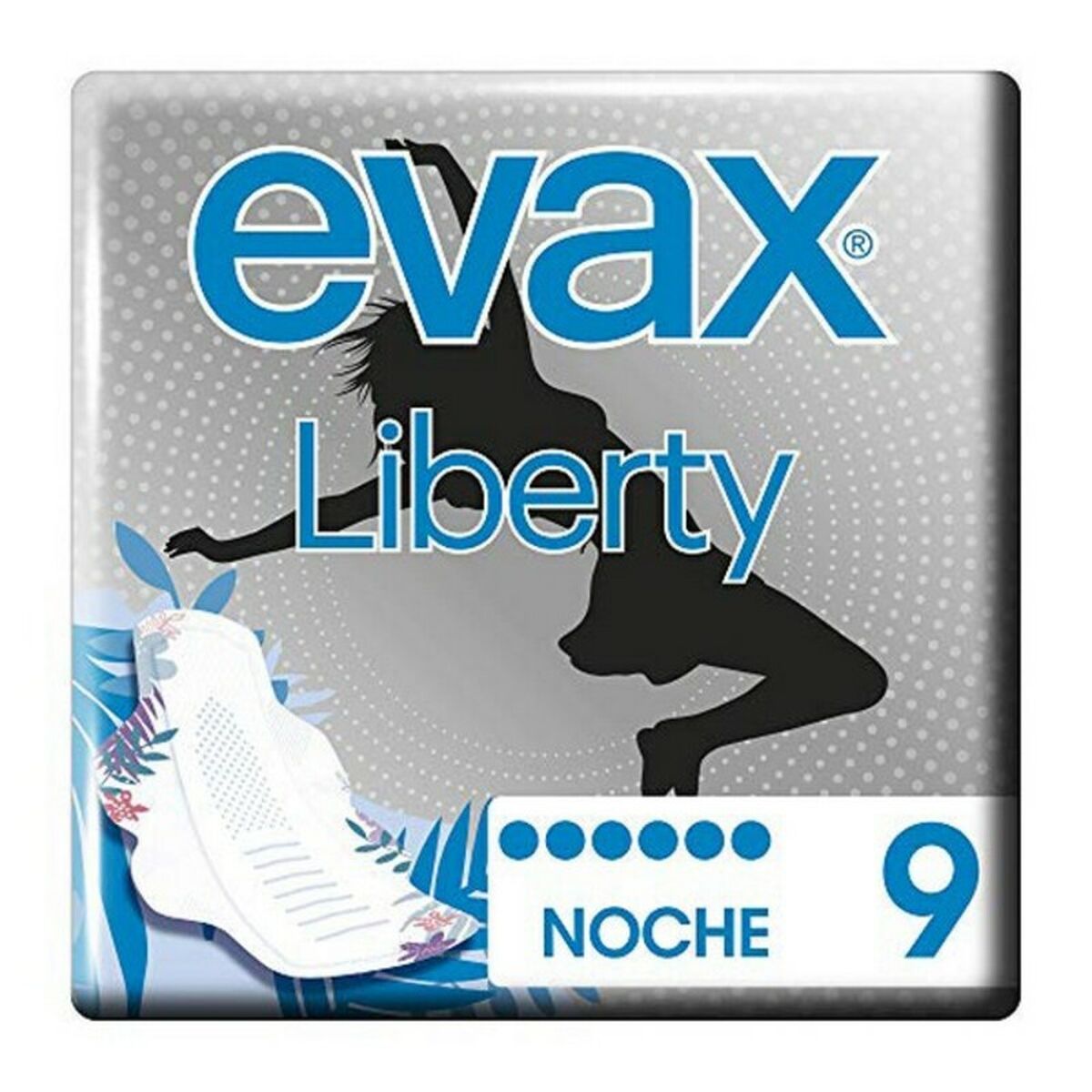 Compresses Evax Liberty Nuit, 9 unités, pour une hygiène intime féminine confortable et fiable.