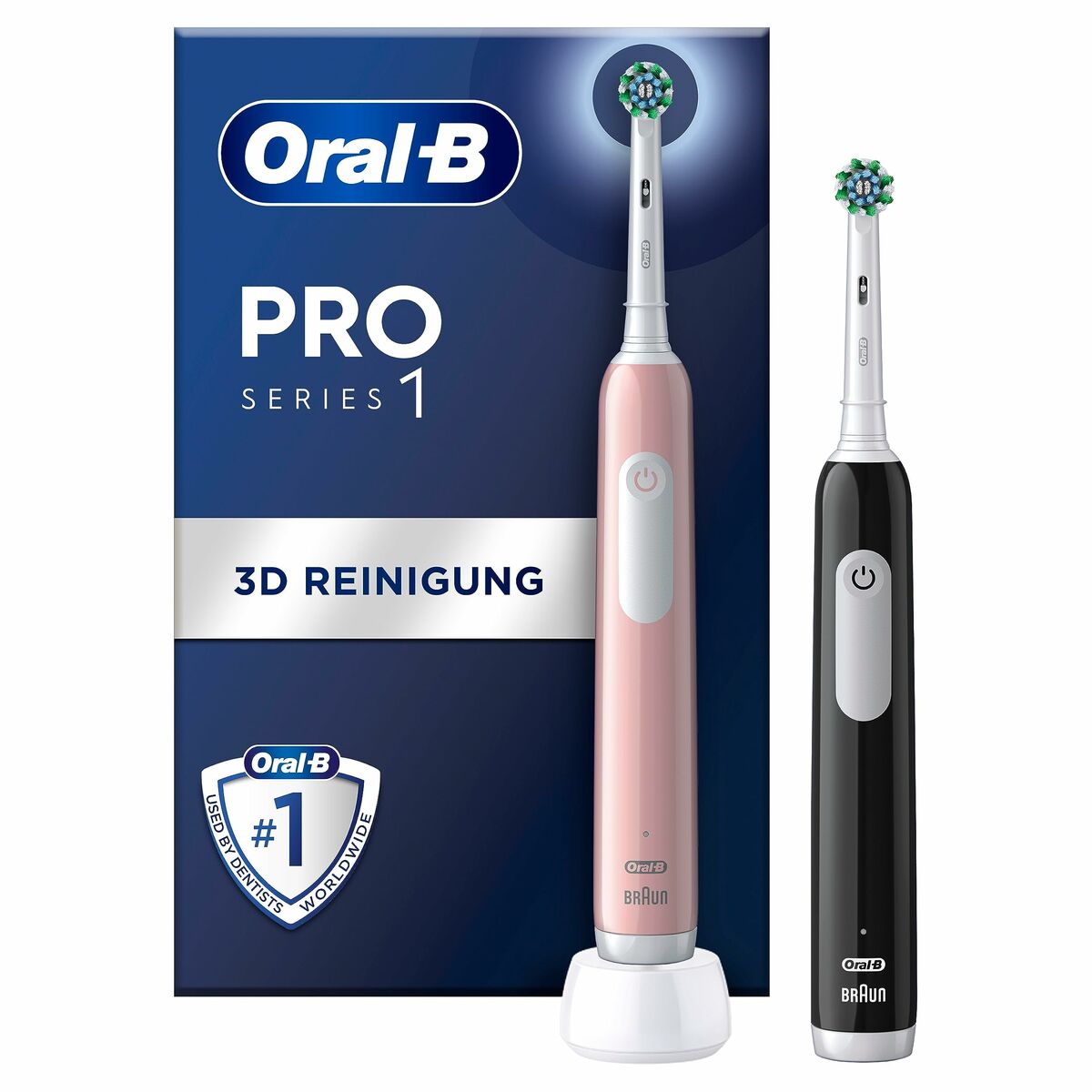 Brosse à dents électrique Oral-B Pro Series 1 rose et noir, avec emballage, pour une hygiène buccale optimale.