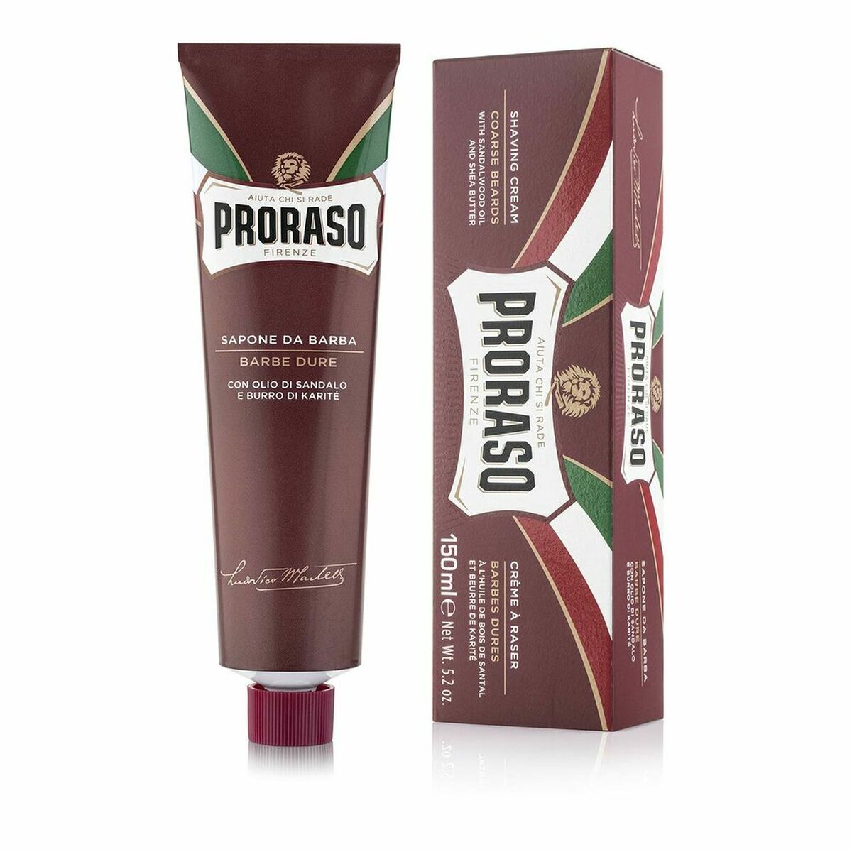 Proraso shaving cream in a brown tube with packaging, ideal for premium personal care and grooming.