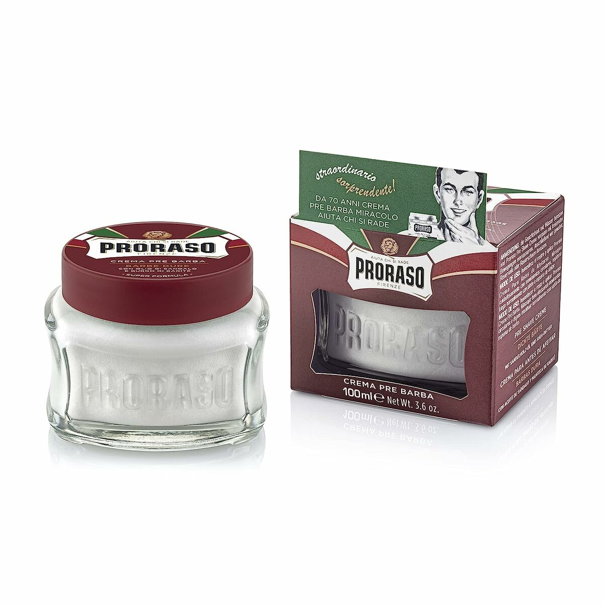 Crème avant rasage Proraso Barbe Dure 100 ml dans son pot en verre avec emballage en carton.