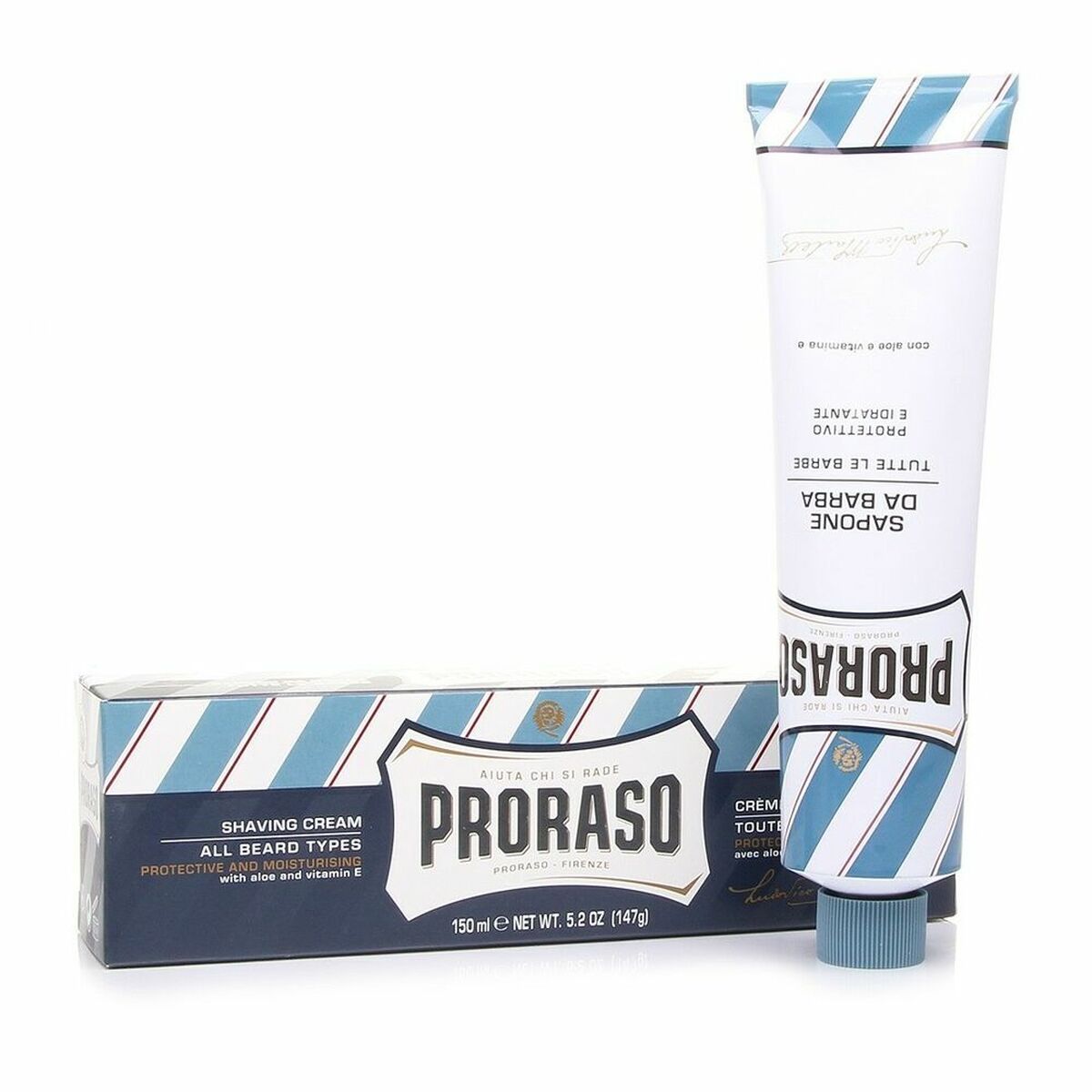 Proraso Blue shaving cream for all beard types, 150 ml, ideal for men's skincare and protection.