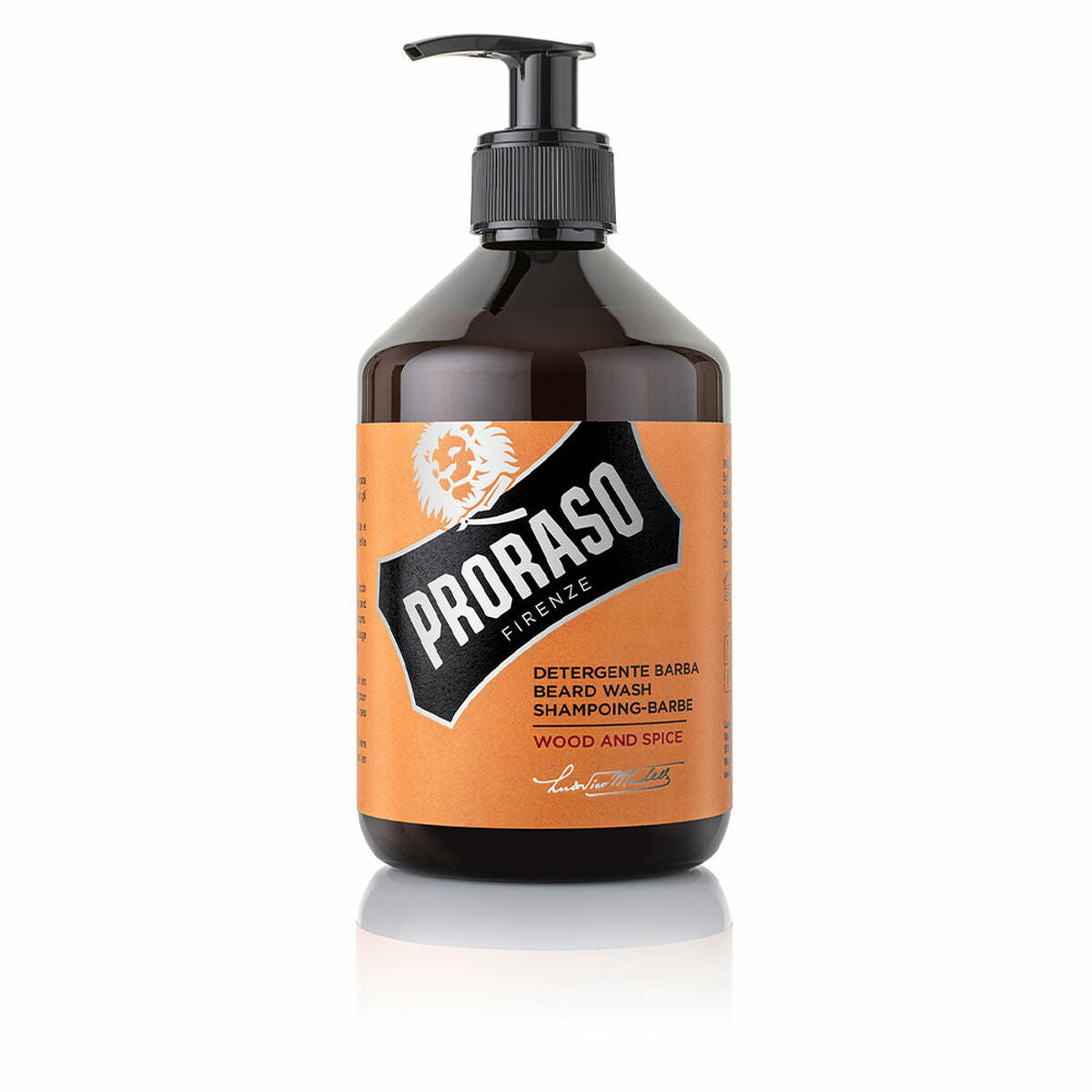Proraso Wood and Spice beard shampoo 500 ml in a pump bottle, perfect for grooming and enhancing facial hair.