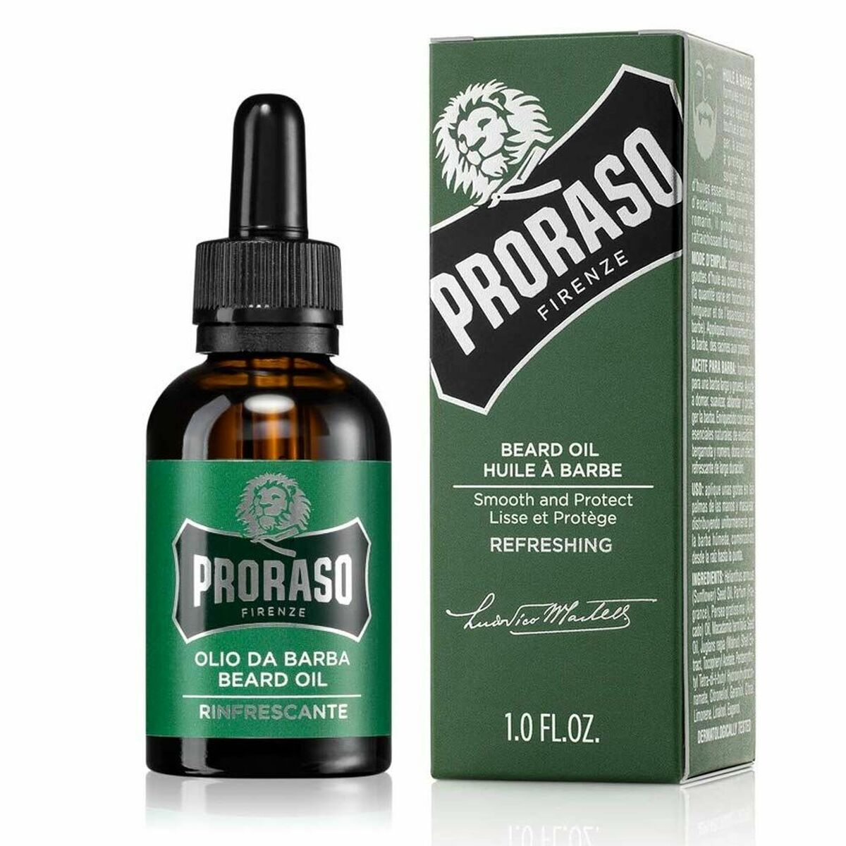Huile pour barbe Proraso Rinfrescante 30 ml en flacon avec pipette, soin lissant et protecteur.