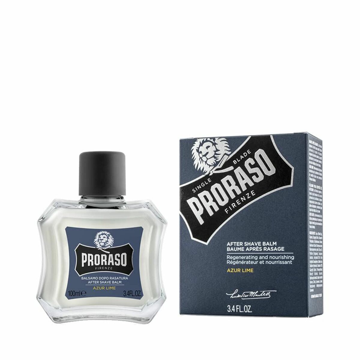 Baume après-rasage Proraso Blue 100 ml en flacon et boîte, soin apaisant et nourrissant pour homme.