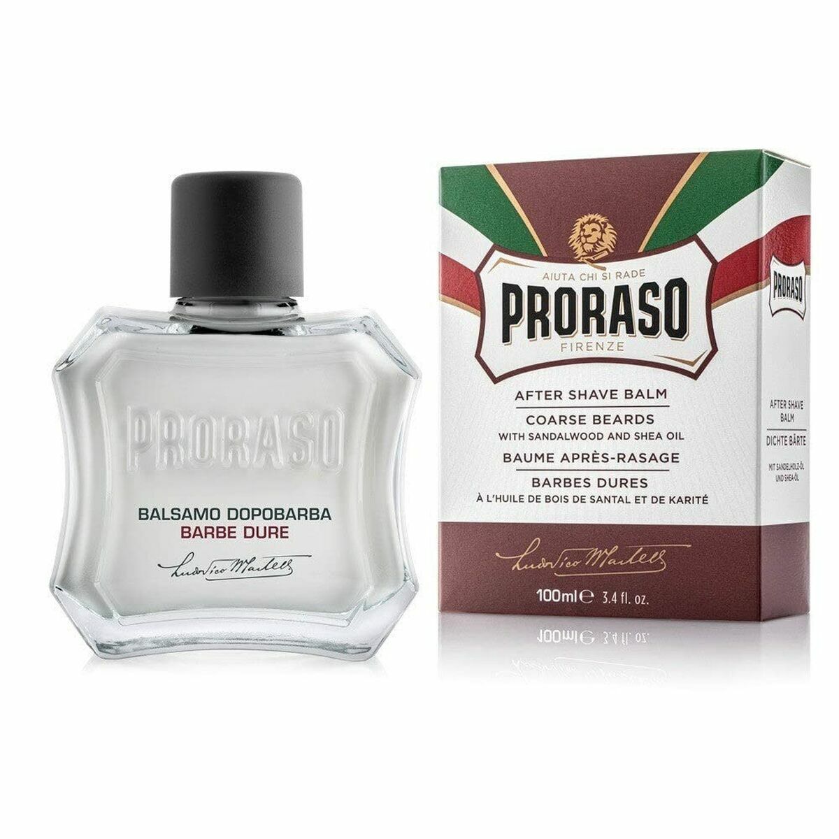 Baume après-rasage Proraso Barbe Dure 100 ml Assouplissant en flacon avec packaging, ideal pour les soins de la barbe.