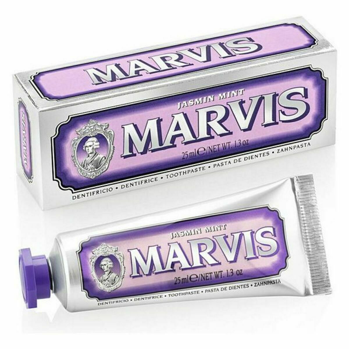 Dentifrice Marvis Jasmin Mint 25 ml packaging and tube, perfect for enhancing oral hygiene.