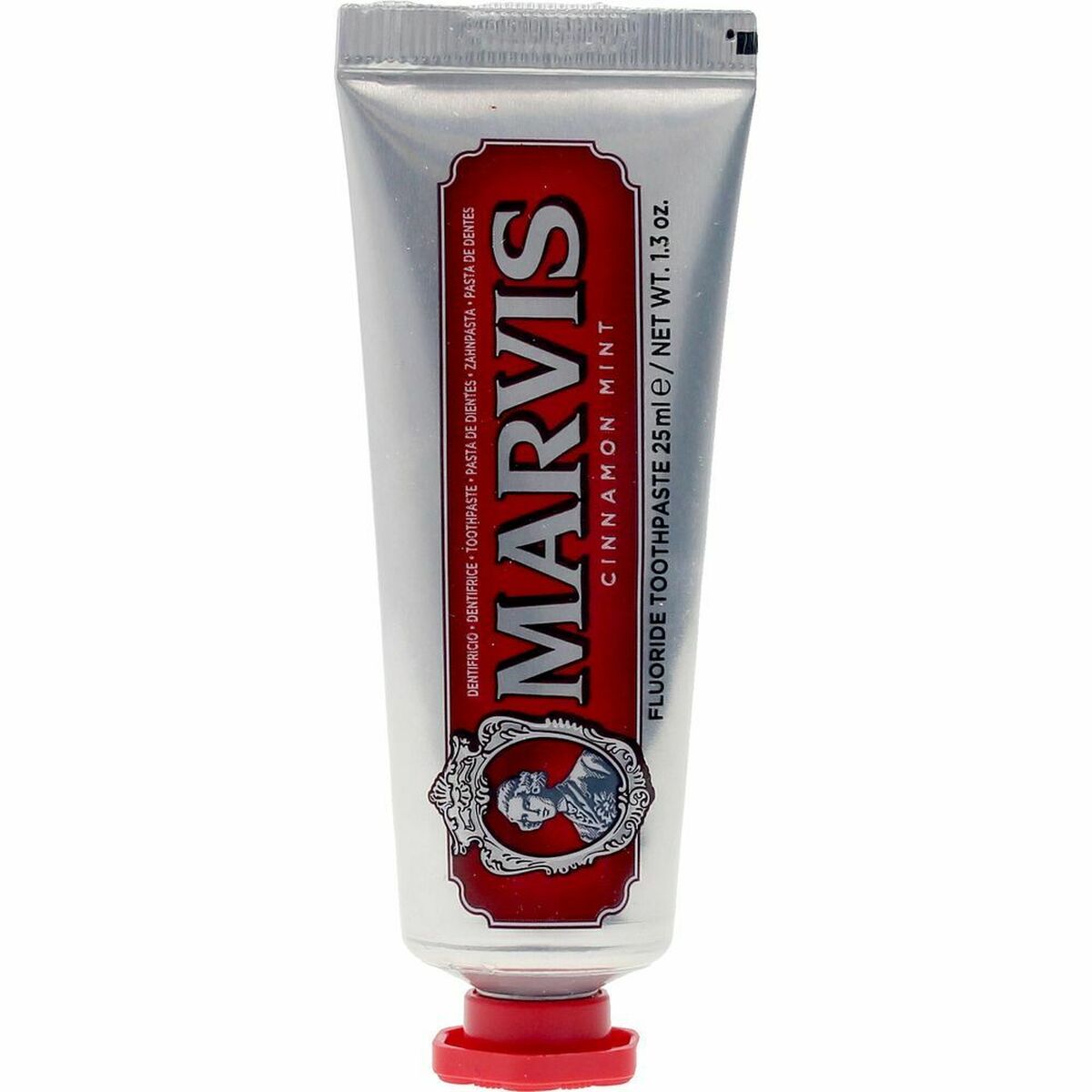 Marvis Cinnamon Mint Toothpaste 25 ml tube, refreshing fluoride formula for improved oral hygiene.