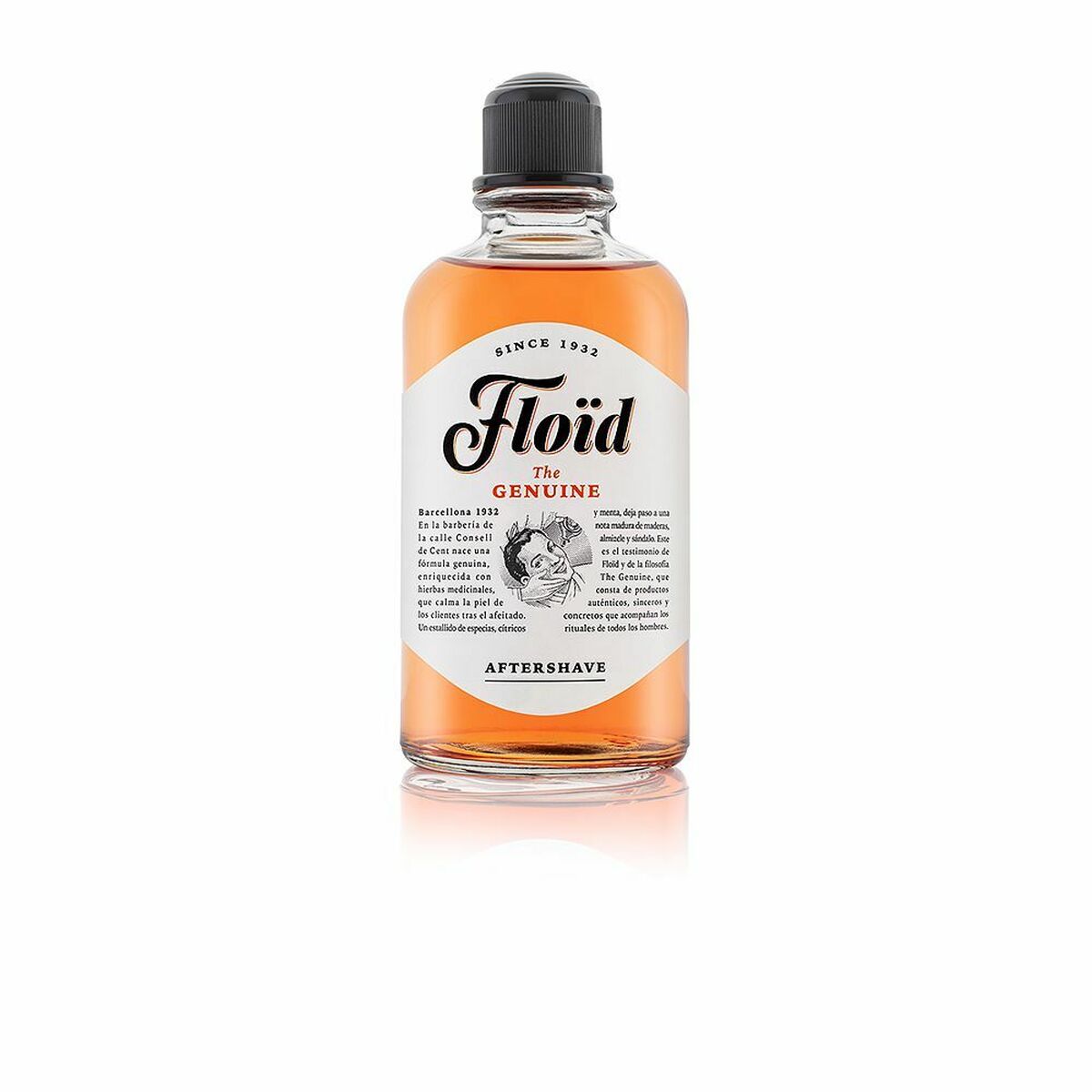 Lotion après-rasage Floïd 400 ml avec étiquette vintage, produit cosmétique pour hommes, apaisant et hydratant.