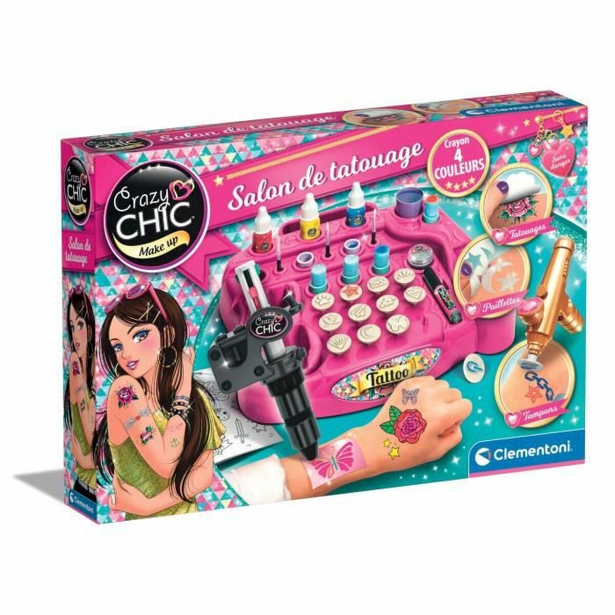 Tatouages Temporaires Clementoni CLEM52687, jeu de salon de tatouage avec accessoires colorés pour enfants.