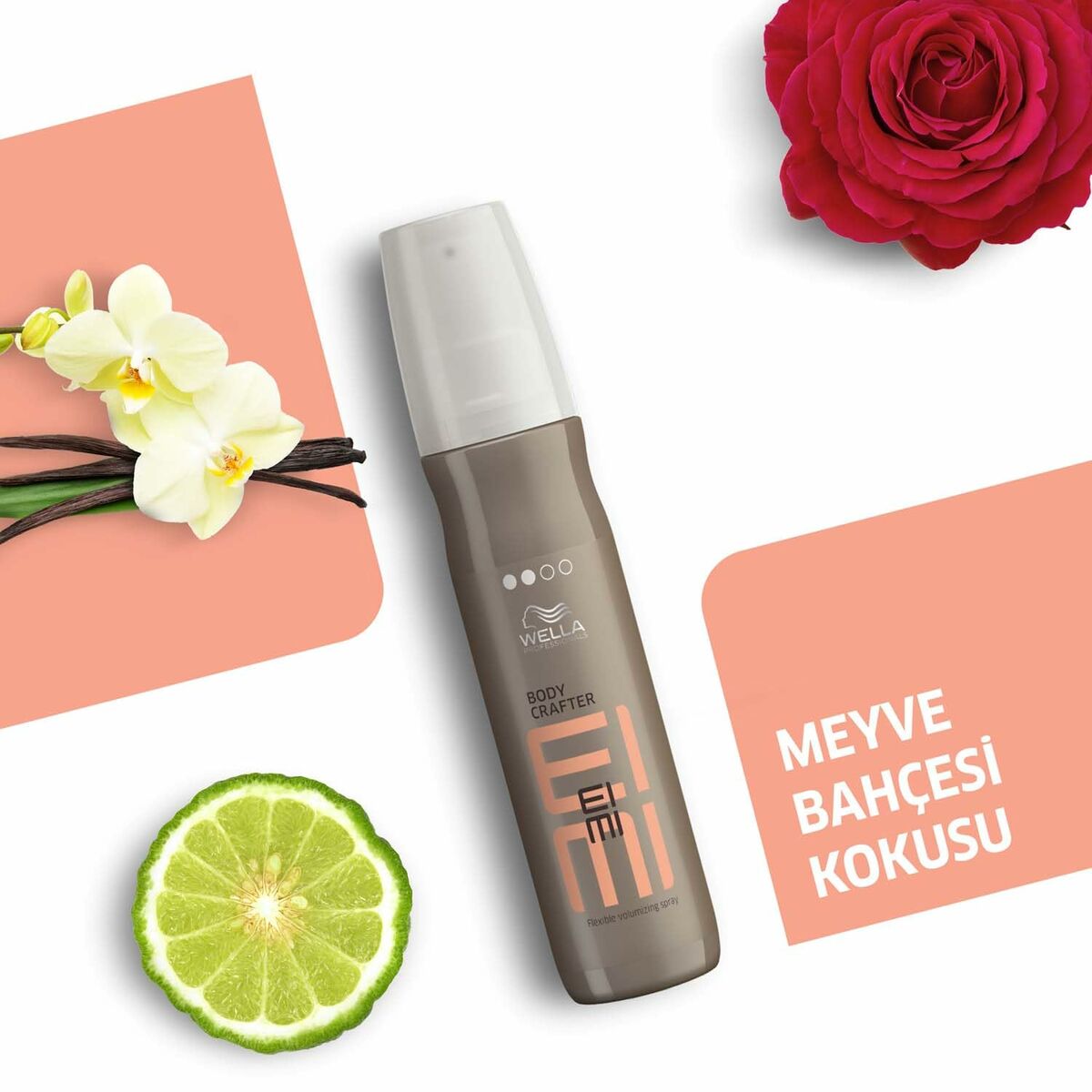 Mousse coiffante Wella EIMI avec parfum de fruits, présentée avec des fleurs et fruits frais.