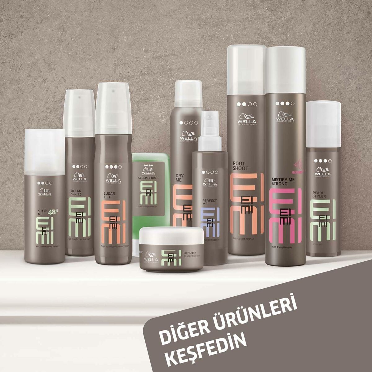 Collection of Wella EIMI hair care products, including mousse, sprays, and treatments for diverse styling needs.