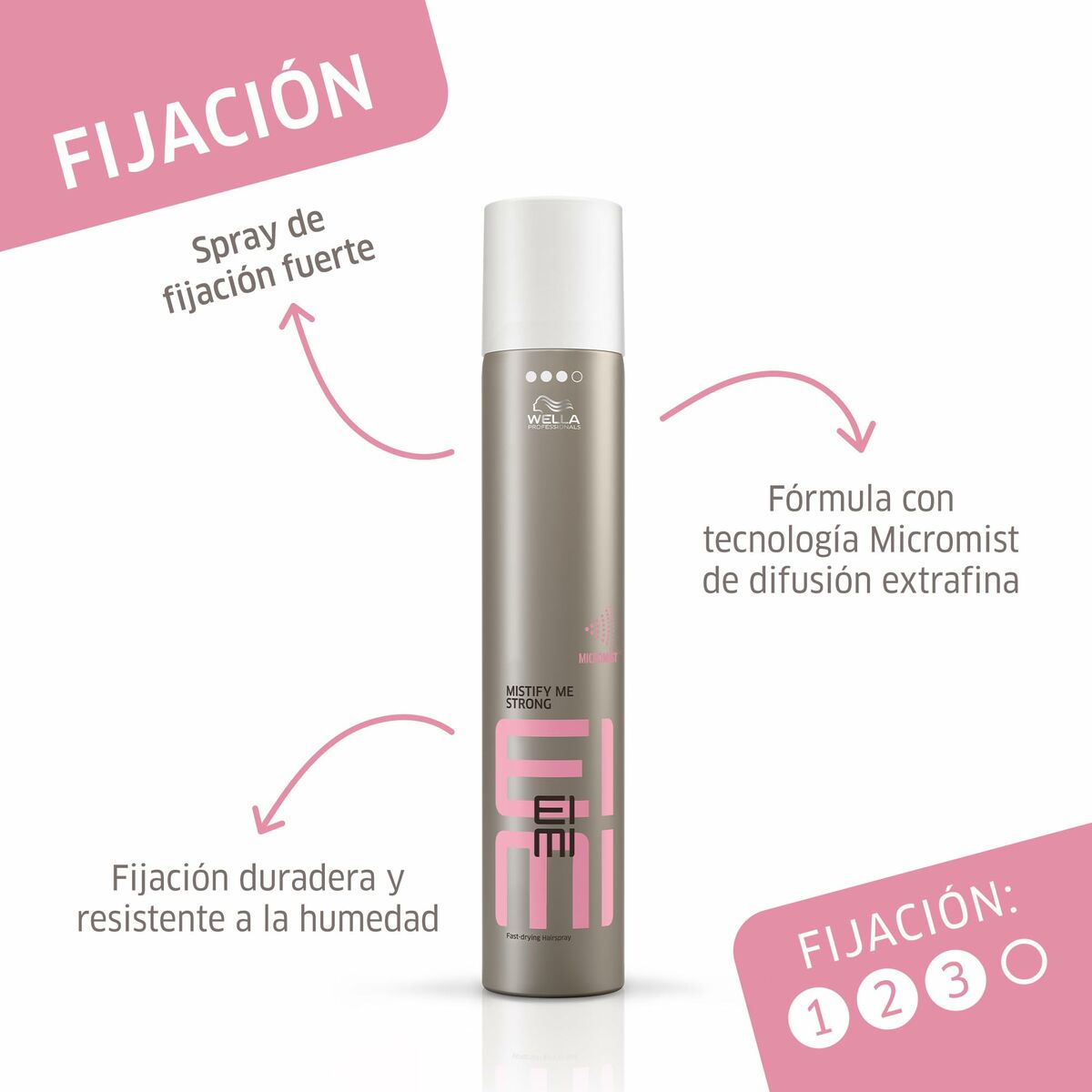Spray de fixation forte Wella Mistify Me Strong 500 ml, formule Micromist pour une fixation durable et résistance à l'humidité.
