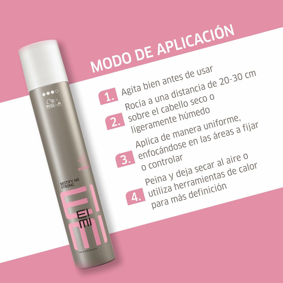 Instructions for use of Wella strong hold spray, featuring application tips and distance guidelines.