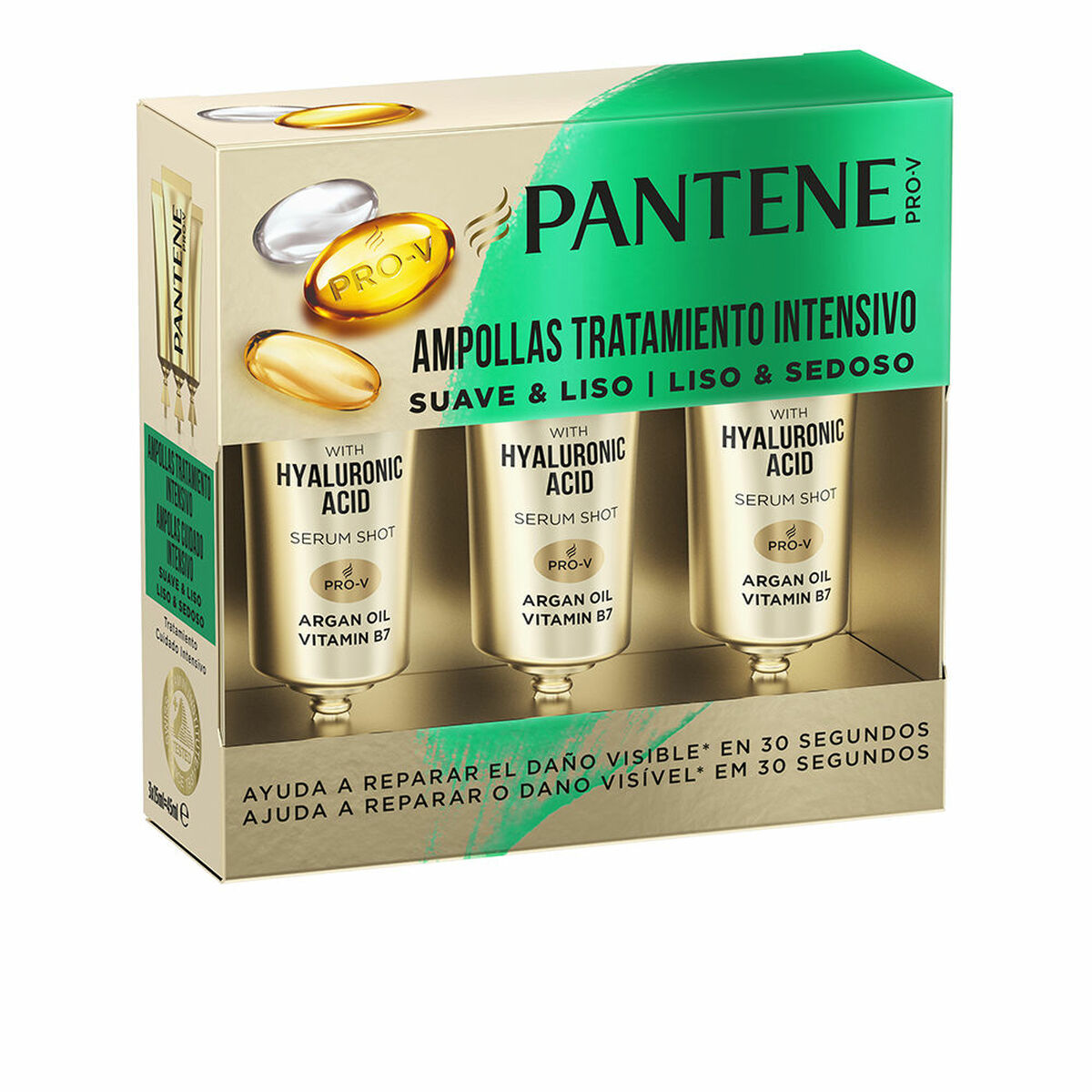Ampoules Traitement Capillaire Pantene avec Acide Hyaluronique pour cheveux lisses et soyeux, 3 x 15 ml.