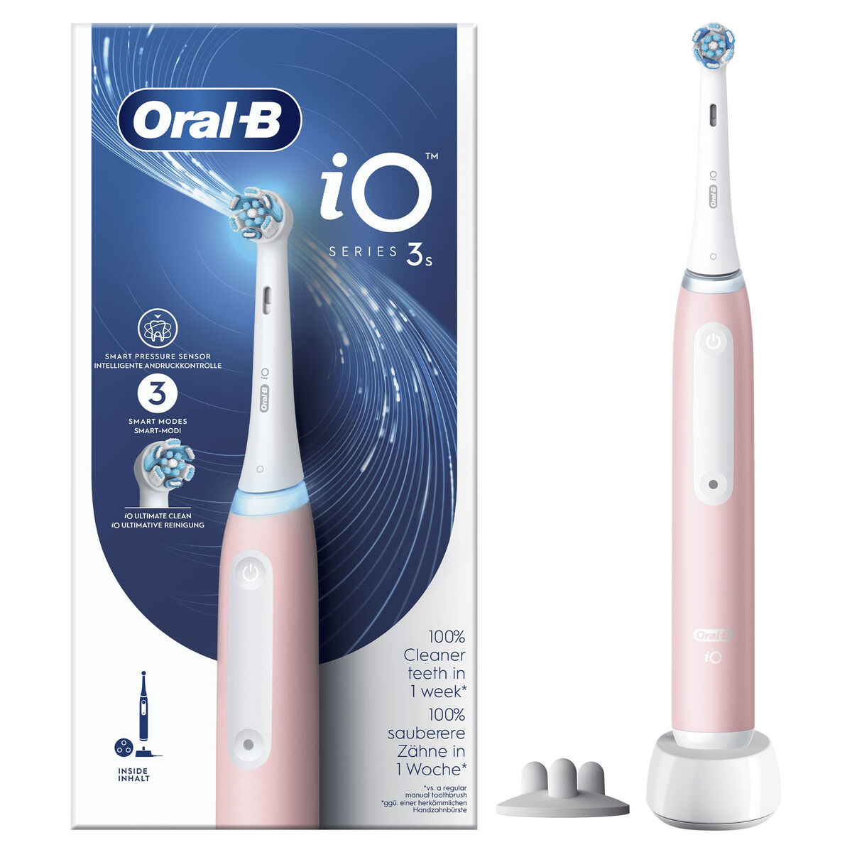 Brosse à dents électrique Oral-B io Series 3 avec emballage, design moderne et technologie avancée pour une meilleure hygiène buccale.