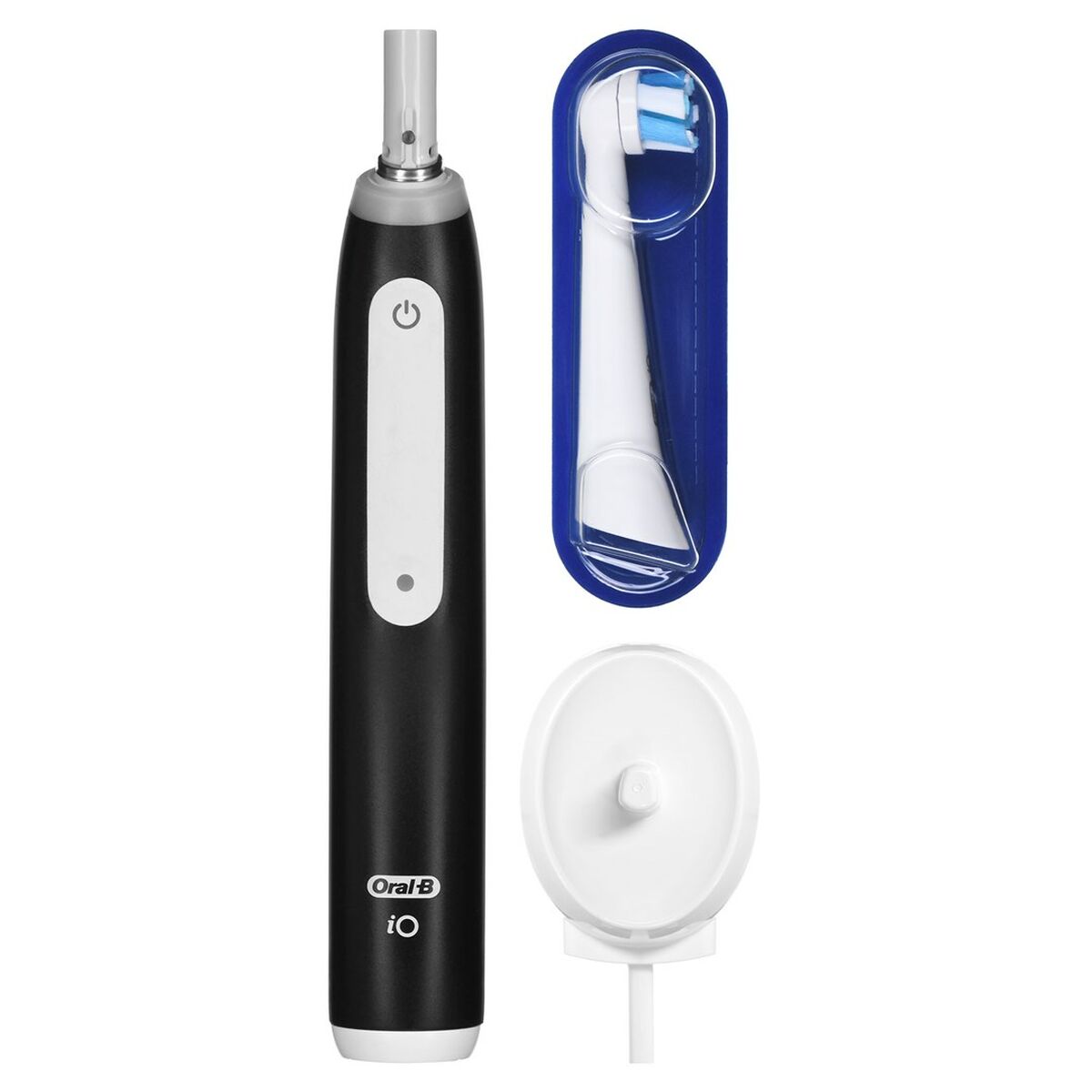 Brosse à dents électrique Oral-B iO3 Matt Black avec chargeur et tête de brosse, design moderne et élégant.