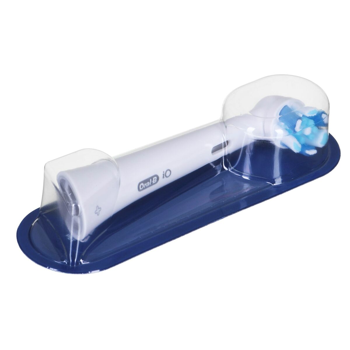 Brosse à dents électrique Oral-B iO3 Matt Black avec embout, présentée sur un support.