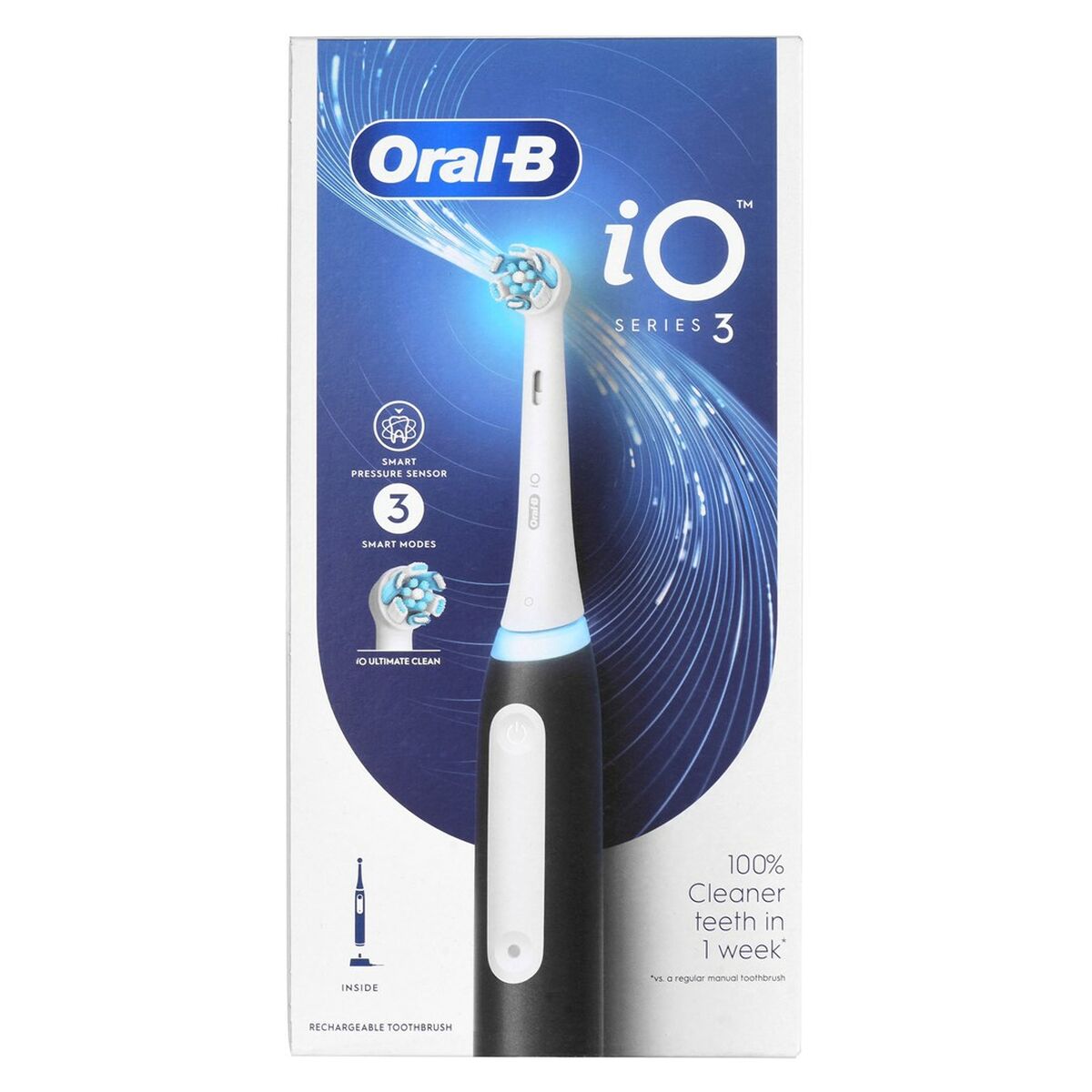 Brosse à dents électrique Oral-B iO3 Matt Black, avec capteur de pression et 3 modes d'utilisation.