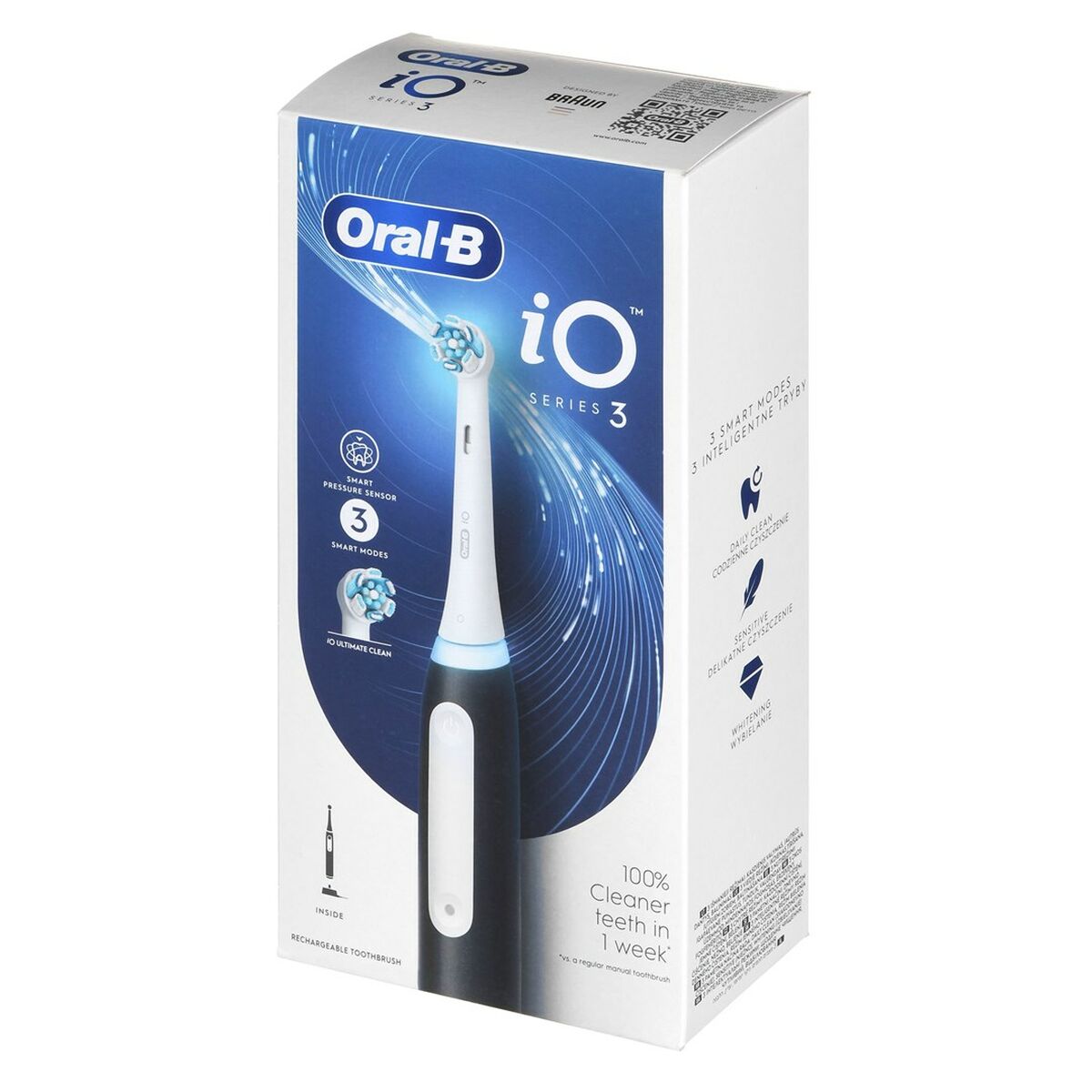 Brosse à dents électrique Oral-B iO3 en emballage, couleur noire, technologie avancée pour une hygiène buccale optimale.
