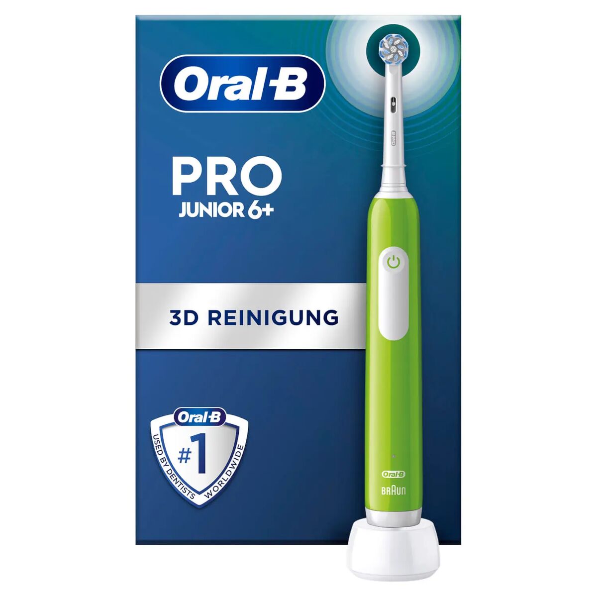 Brosse à dents électrique Oral-B PRO1 JUNIOR en vert, rechargeables pour une meilleure hygiène buccale.