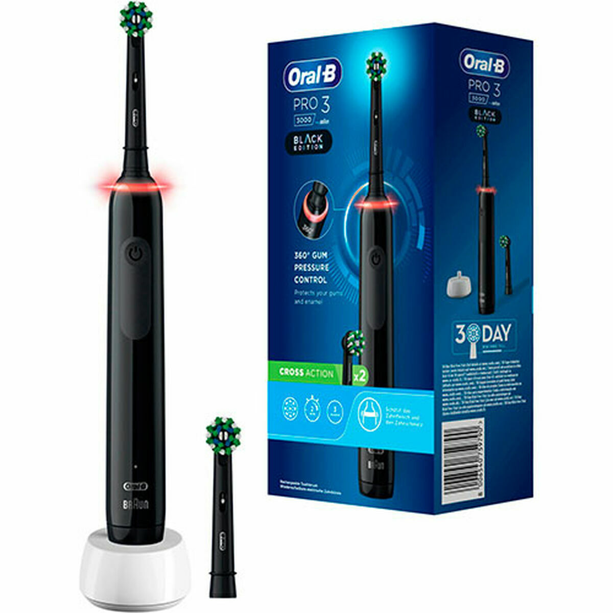 Brosse à dents électrique Oral-B Pro 3 Noir avec 2 têtes et chargeur, contrôle de pression et minuterie pour une hygiène buccale optimale.