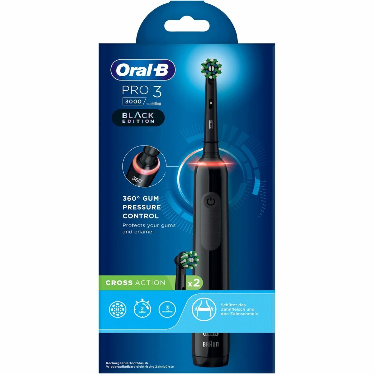 Brosse à dents électrique Oral-B Pro 3 3000 en édition noire, avec contrôle de pression et deux têtes de rechange.