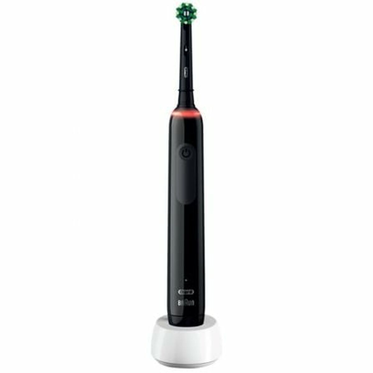 Brosse à dents électrique Braun Noir sur base de chargement, avec minuterie et têtes de rechange, design moderne.