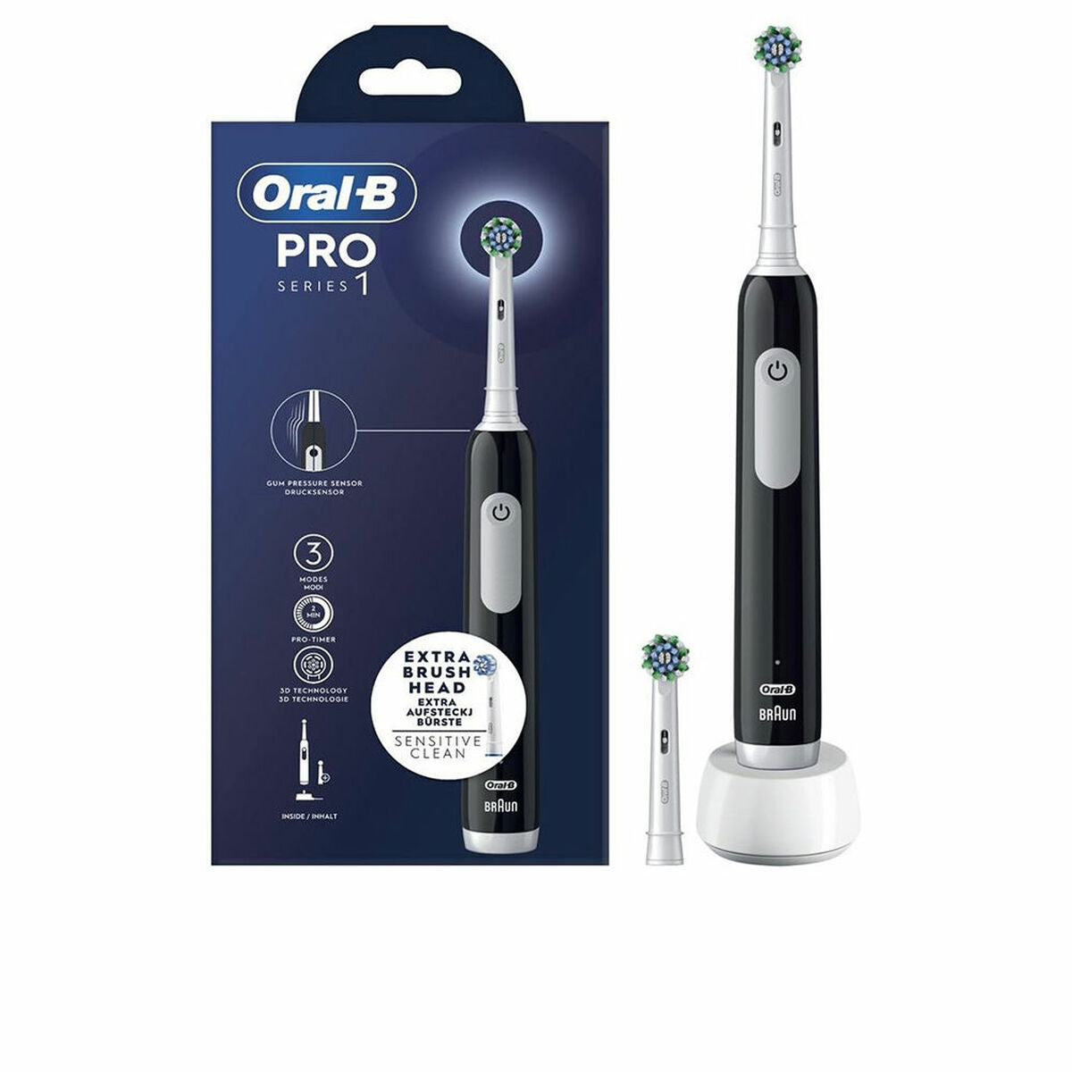 Brosse à dents électrique Oral-B PRO SERIES 1, rechargeable, avec tête de rechange et chargeur, couleur noir/blanc.