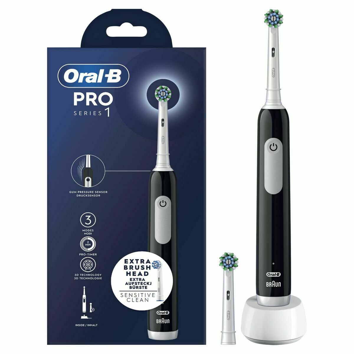 Brosse à dents électrique Oral-B PRO SERIES 1 avec deux têtes de rechange et chargeur, couleur noir et blanc.