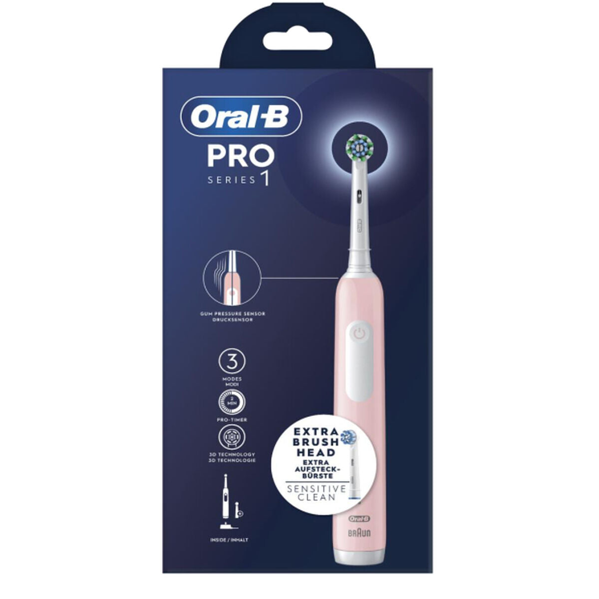 Brosse à dents électrique Oral-B PRO1 PINK avec minuterie et capteur de pression, idéale pour une hygiène buccale optimale.