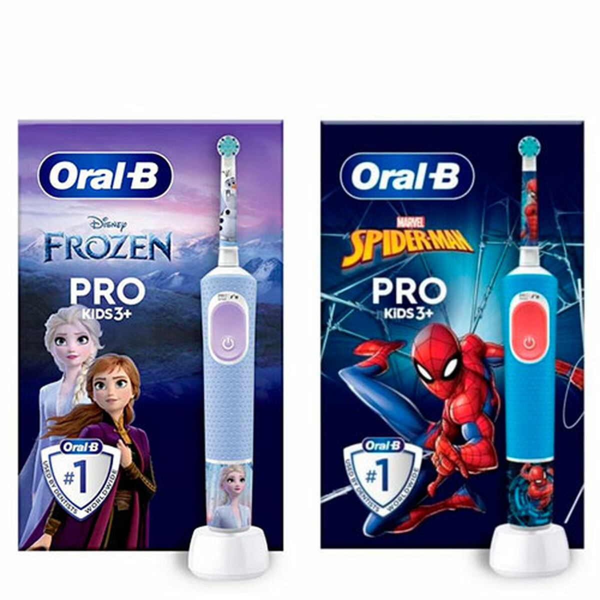 Brosse à dents électrique Oral-B Pro Kids 3+ avec designs Frozen et Spider-Man, idéale pour les enfants de 3 ans et plus.
