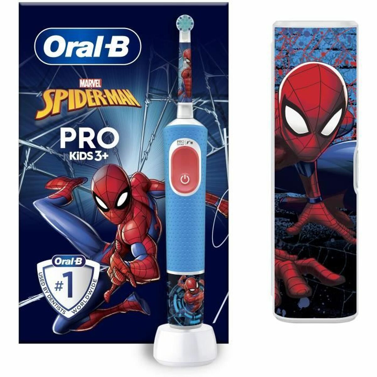 Brosse à dents électrique Oral-B Spider-Man pro pour enfants, design coloré, incluant un étui de rangement.