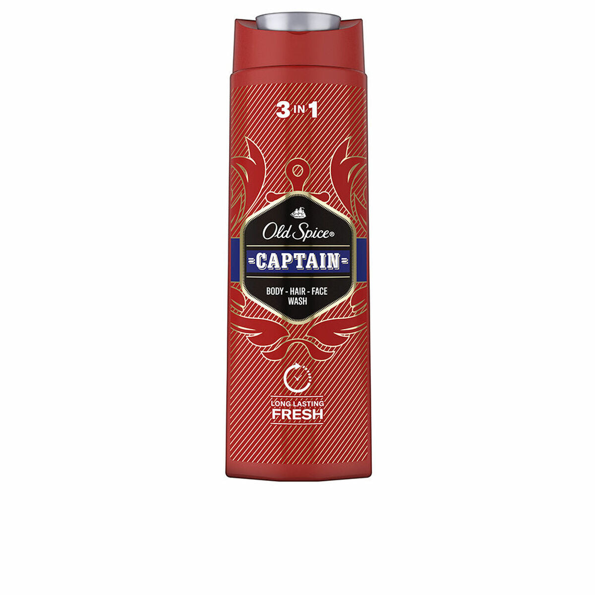 Gel de douche Old Spice Captain 400 ml, 3 en 1 pour corps, cheveux et visage, offre hydratation et fraîcheur durable.