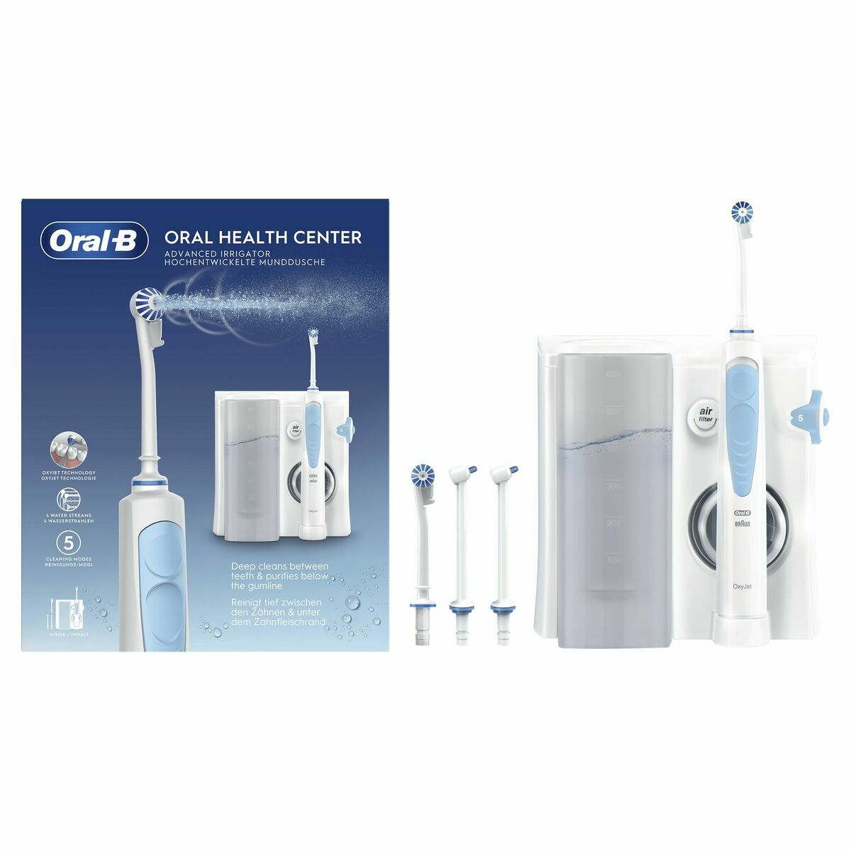 Hydropulseur dentaire Oral-B OXYJET blanc avec accessoires et présentation en boîte, idéal pour une hygiène buccale optimale.