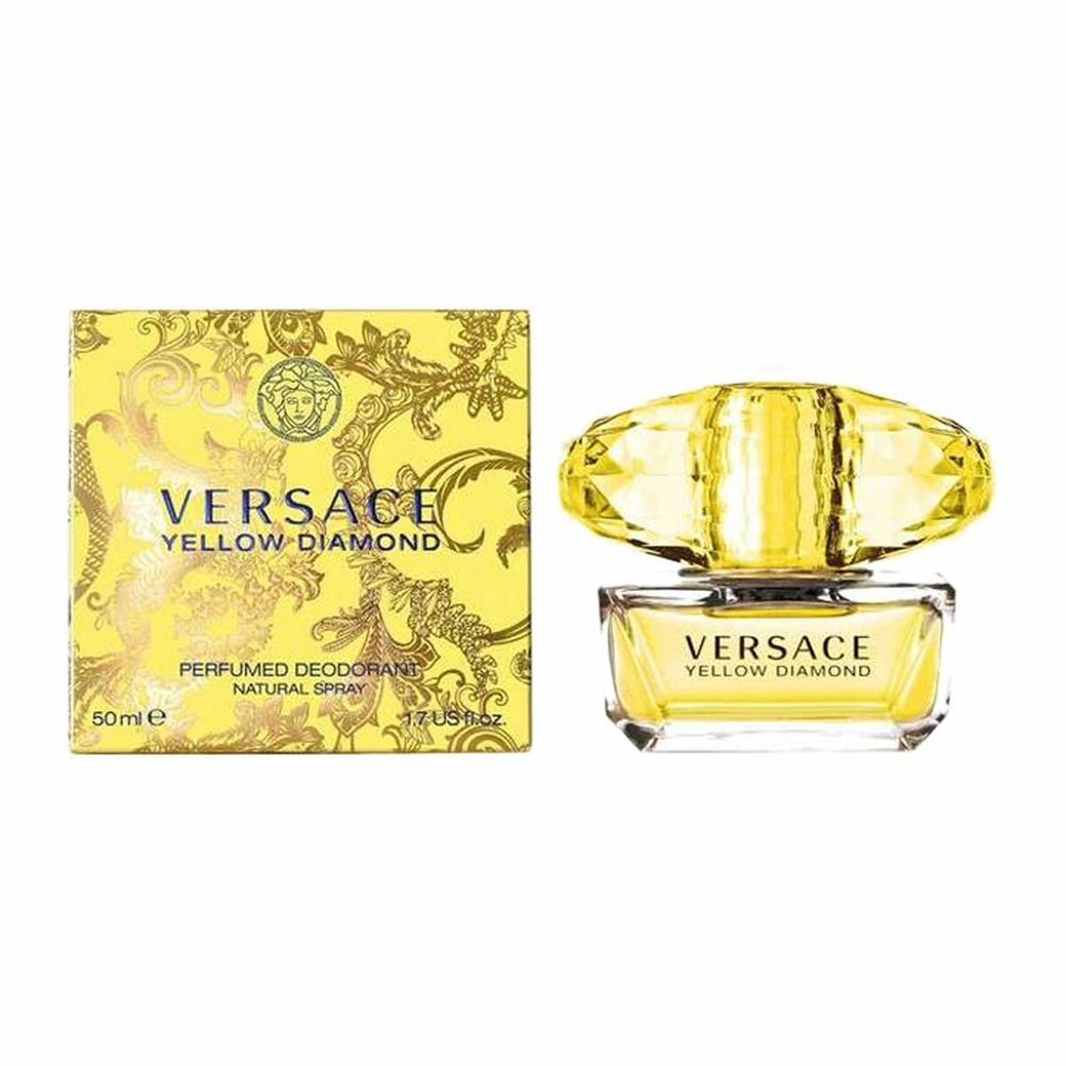 Versace Yellow Diamond spray deodorant 50ml with luxurious packaging for personal care.