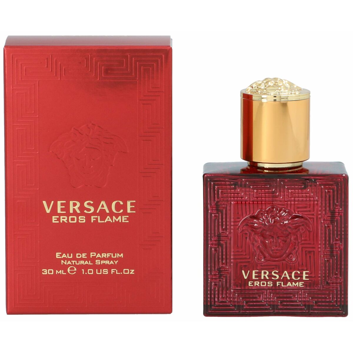 Versace Eros Flame Eau de Parfum 30ml packaging and bottle showcased, luxurious fragrance for men.
