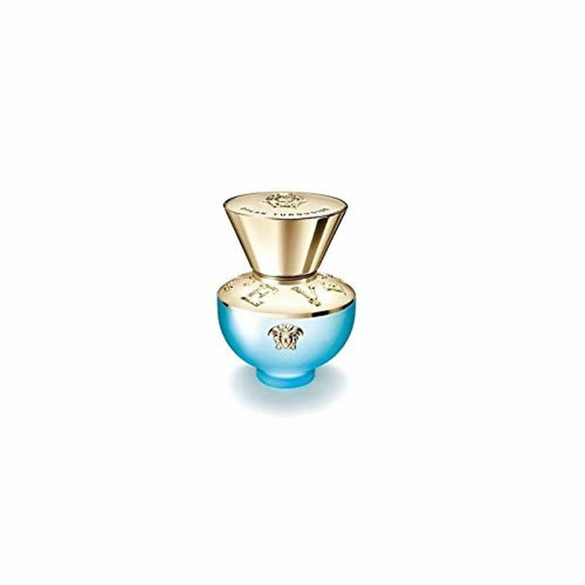 Flacon de parfum femme Versace Dylan Turquoise EDT 50 ml, design élégant avec capuchon doré.
