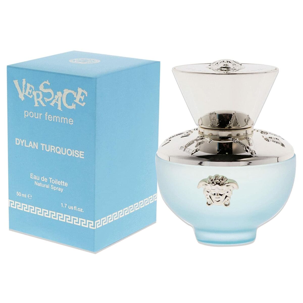 Versace Dylan Turquoise EDT 50 ml for women displayed with its elegant packaging.