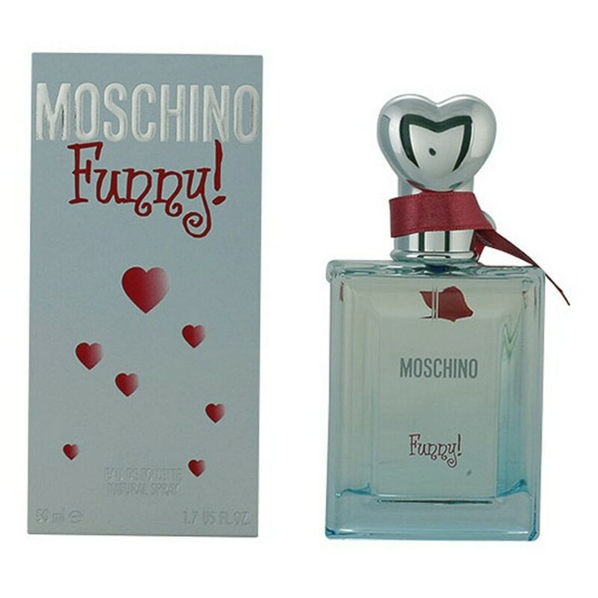 Moschino Funny! EDT fragrance for women in a heart-shaped bottle with red ribbon and box design.