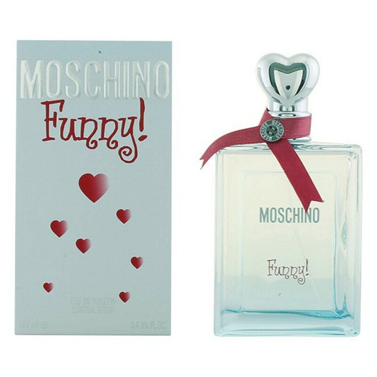 Moschino Funny! EDT perfume bottle and packaging with heart-shaped cap, showcasing a feminine fragrance.