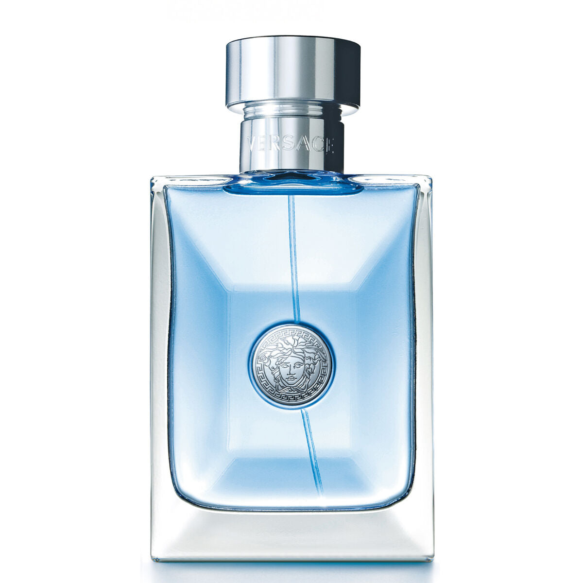 Versace Pour Homme EDT 100 ml fragrance bottle with light blue liquid and iconic Versace emblem.