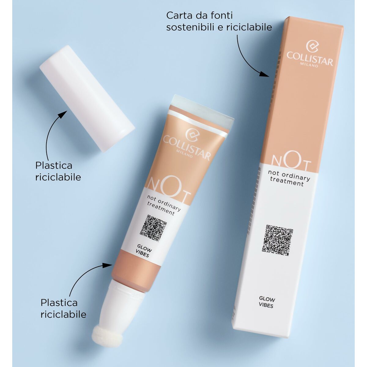 Collistar NOT ordinary treatment tube with eco-friendly packaging, emphasizing its recyclable materials and glow vibes benefits.