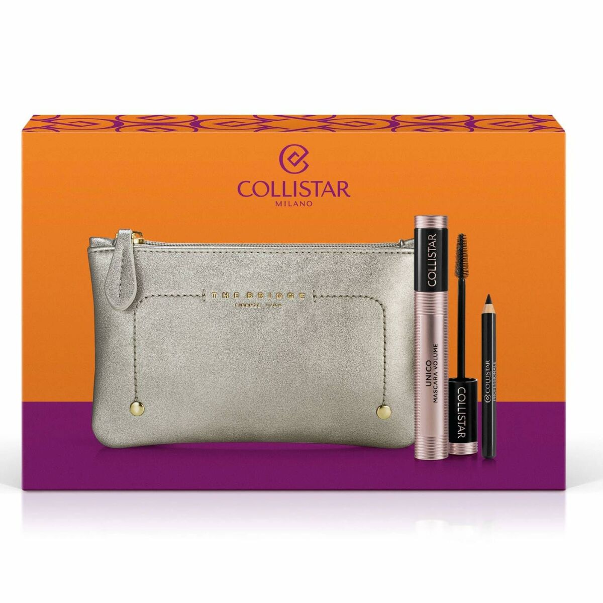 Set de Maquillage Collistar UNICO 3 pièces avec trousse, crayon pour les yeux et mascara, présentation colorée.