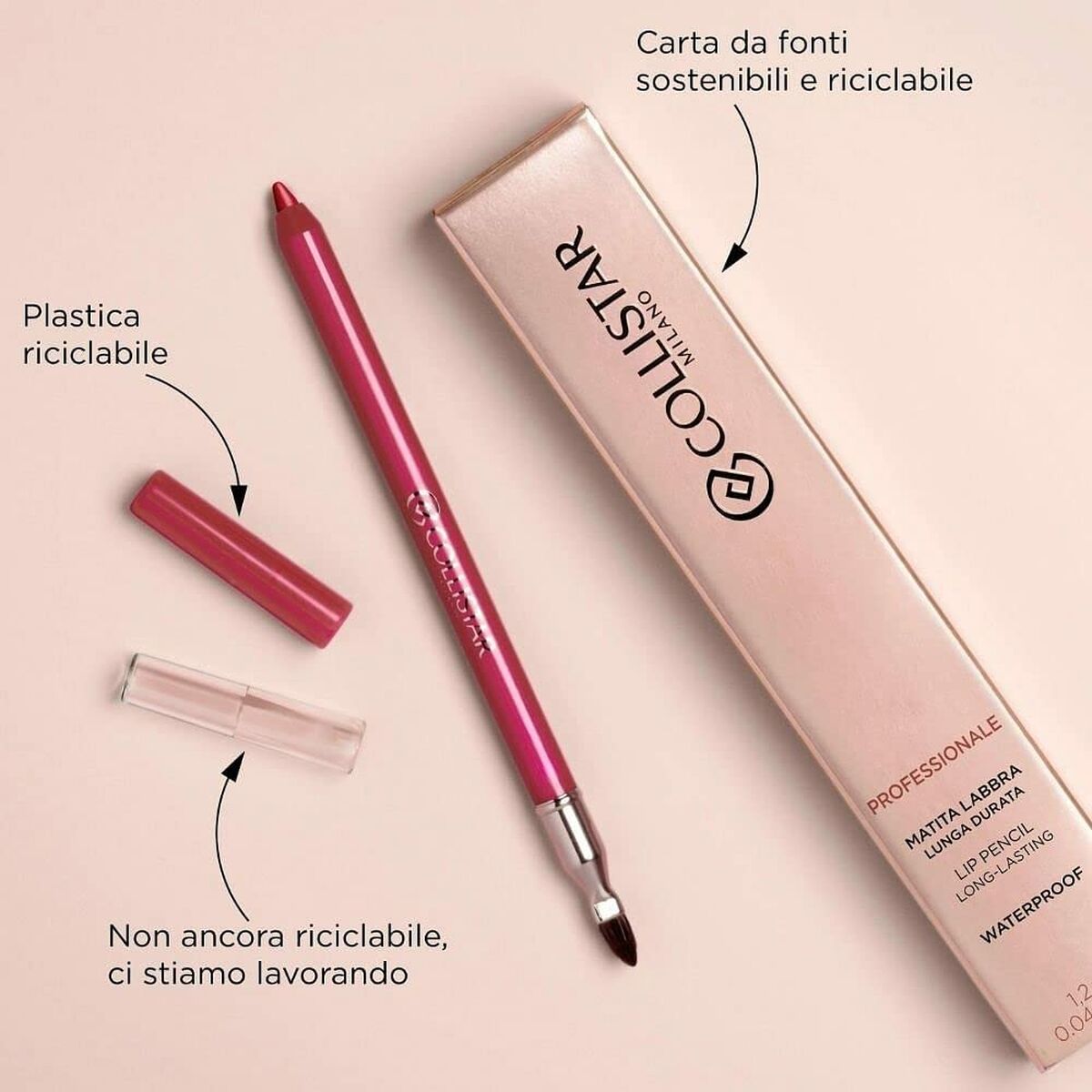 Collistar lip pencil on eco-friendly packaging with recycling information, showcasing sustainability features.