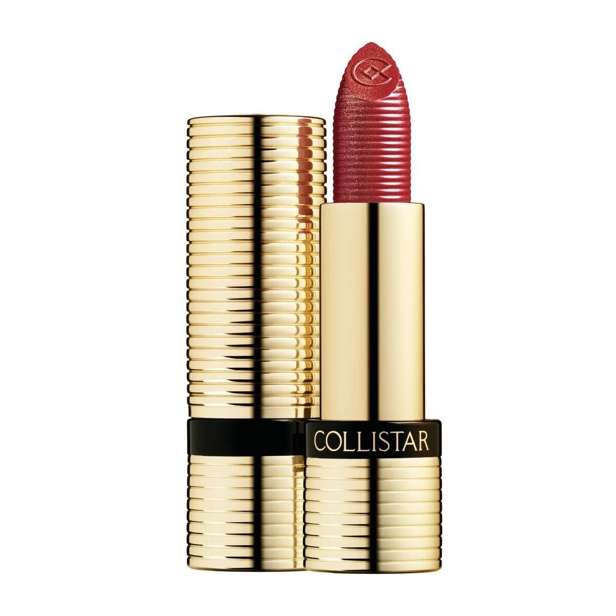 Collistar Unico Nº 20-Metallic Red corrective lipstick in a luxurious gold tube, 3.5 ml, ideal for enhancing beauty.