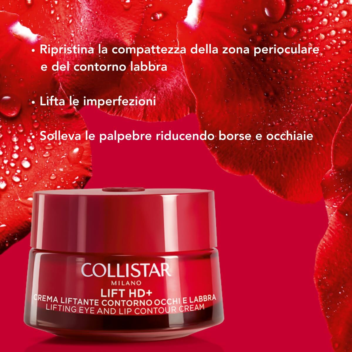 Collistar Lift HD+ eye and lip contour cream 15 ml in red packaging with floral background, highlighting anti-aging features.