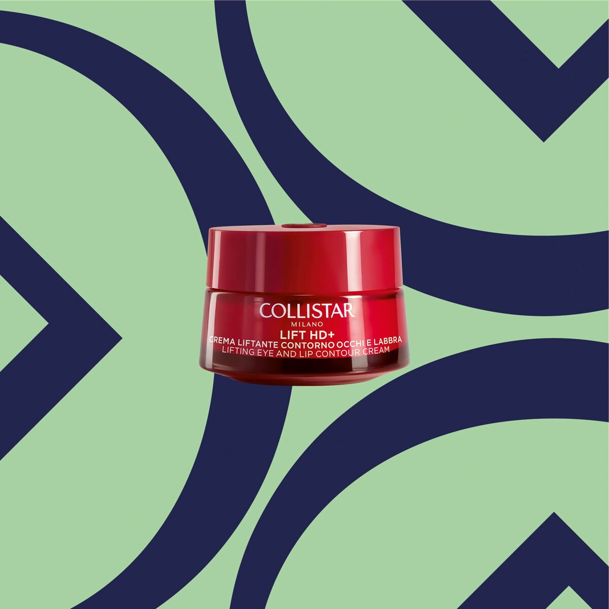 Crème pour le contour des yeux Collistar Lift 15 ml sur fond graphique, produit vegan et sans alcool pour la beauté des femmes.