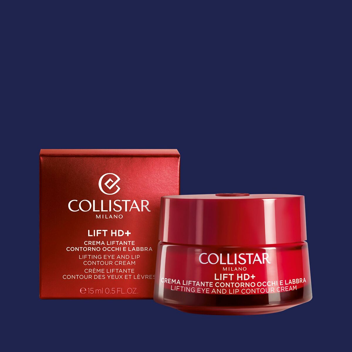 Crème pour le contour des yeux Collistar Lift 15 ml en boîte rouge sur fond bleu.